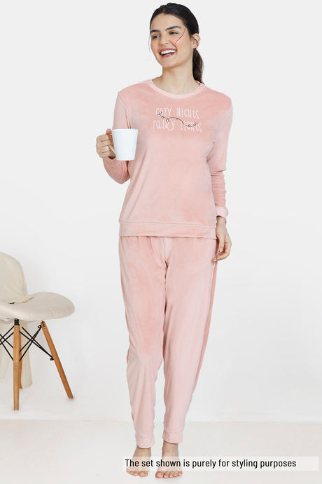Zivame Supersoft Velour Knit Pyjama - Coral Almond — image 4